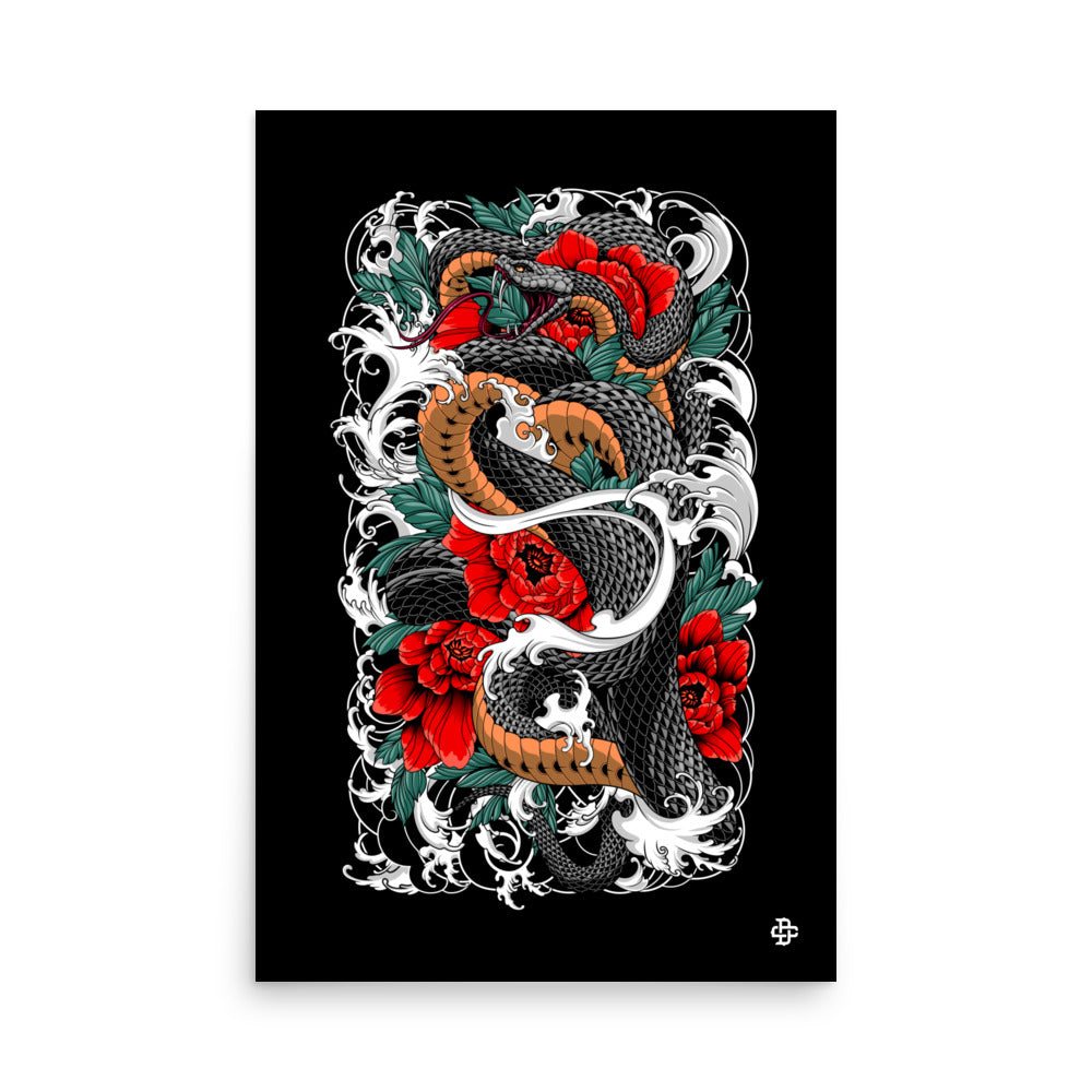 irezumi inspired snake and flowers poster