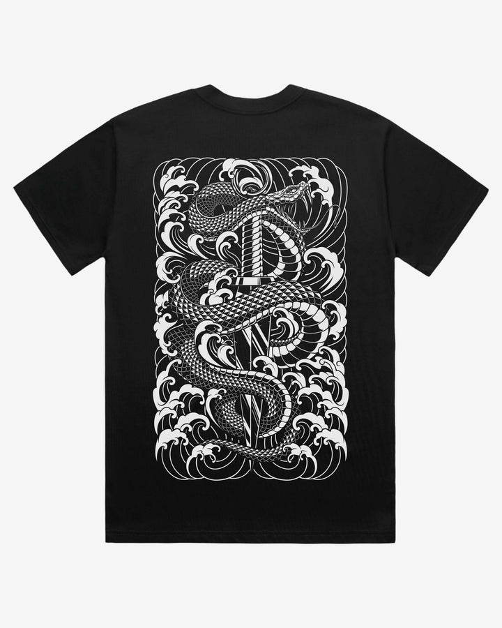 Black t-shirt with a snake and dagger design on the back