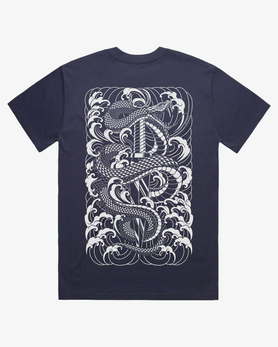 midnight blue t-shirt with a snake and dagger design on the back