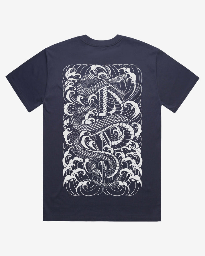 midnight blue t-shirt with a snake and dagger design on the back