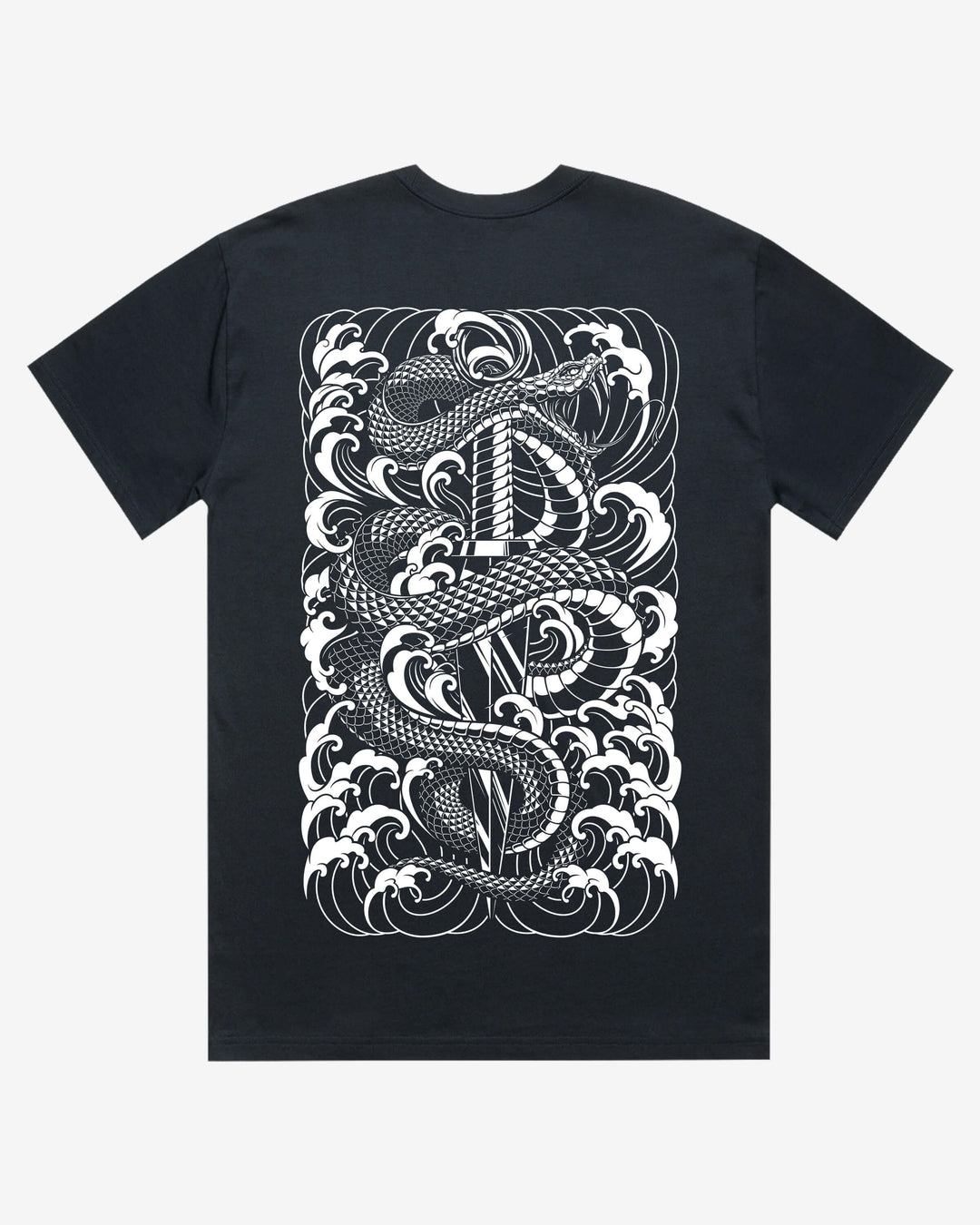 navy blue t-shirt with a snake and dagger design on the back