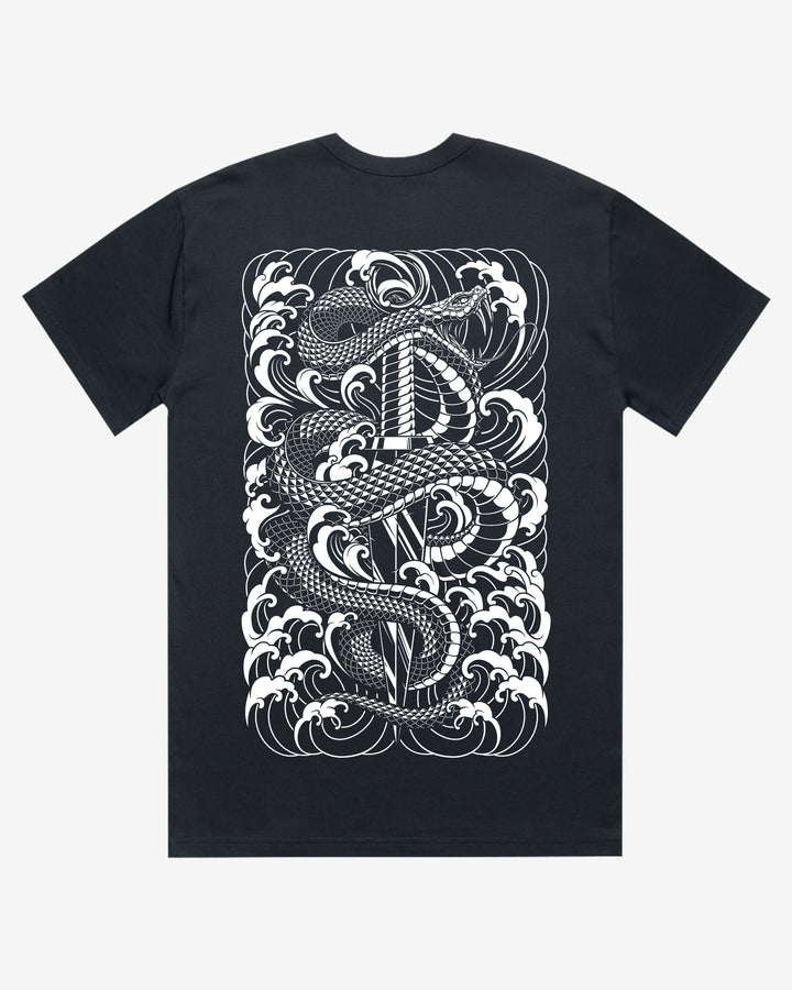 navy blue t-shirt with a snake and dagger design on the back
