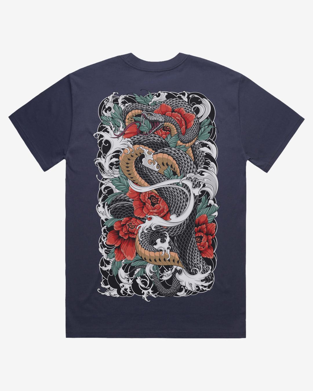 midnight blue t-shirt with a snake and floral design on a white background