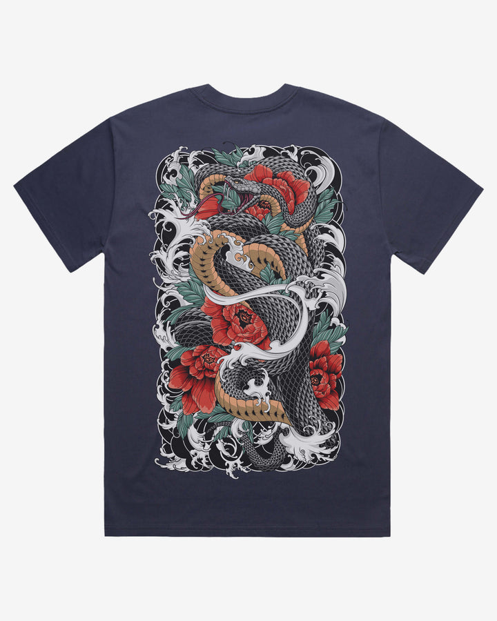 midnight blue t-shirt with a snake and floral design on a white background