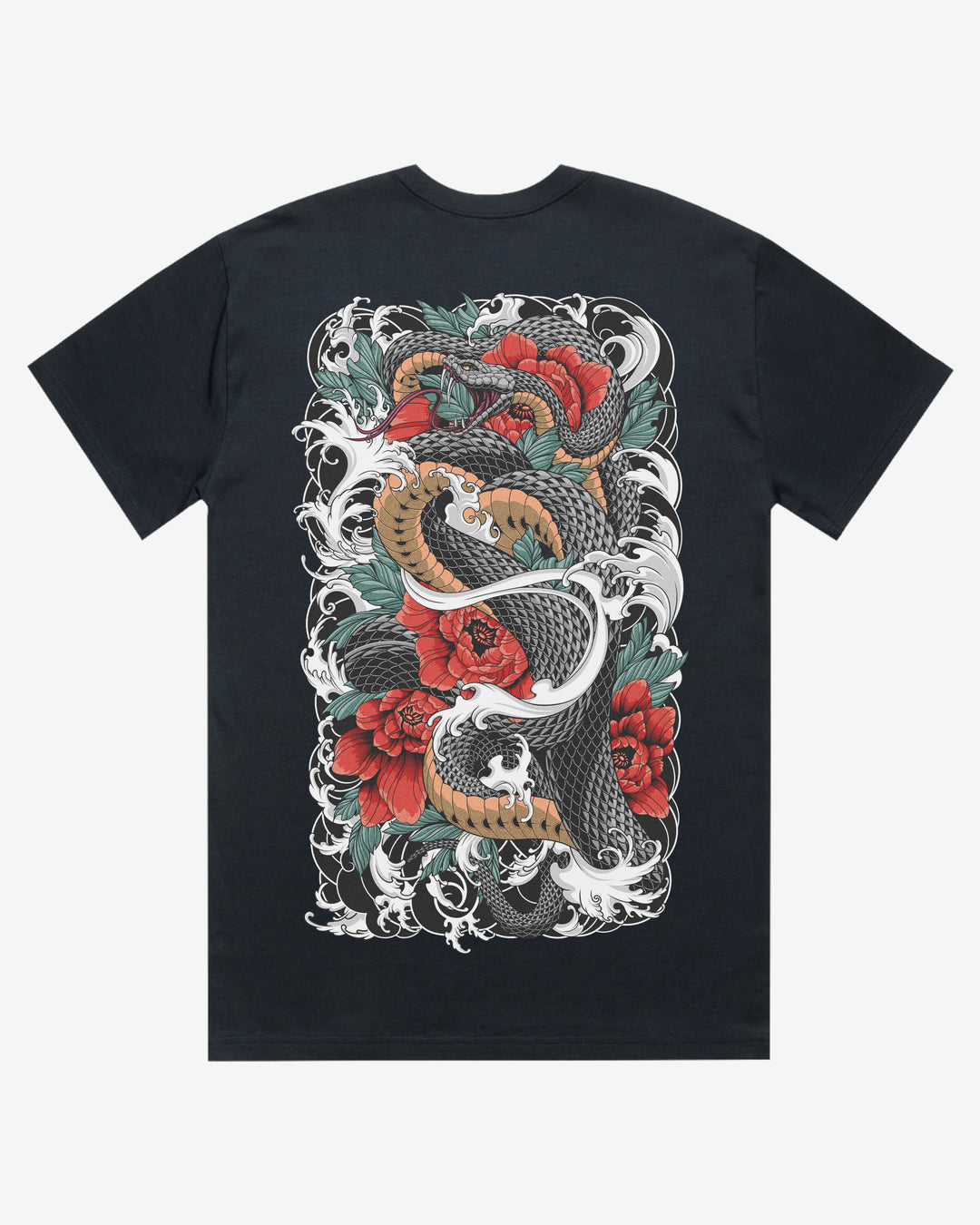 navy t-shirt with a snake and floral design on a white background