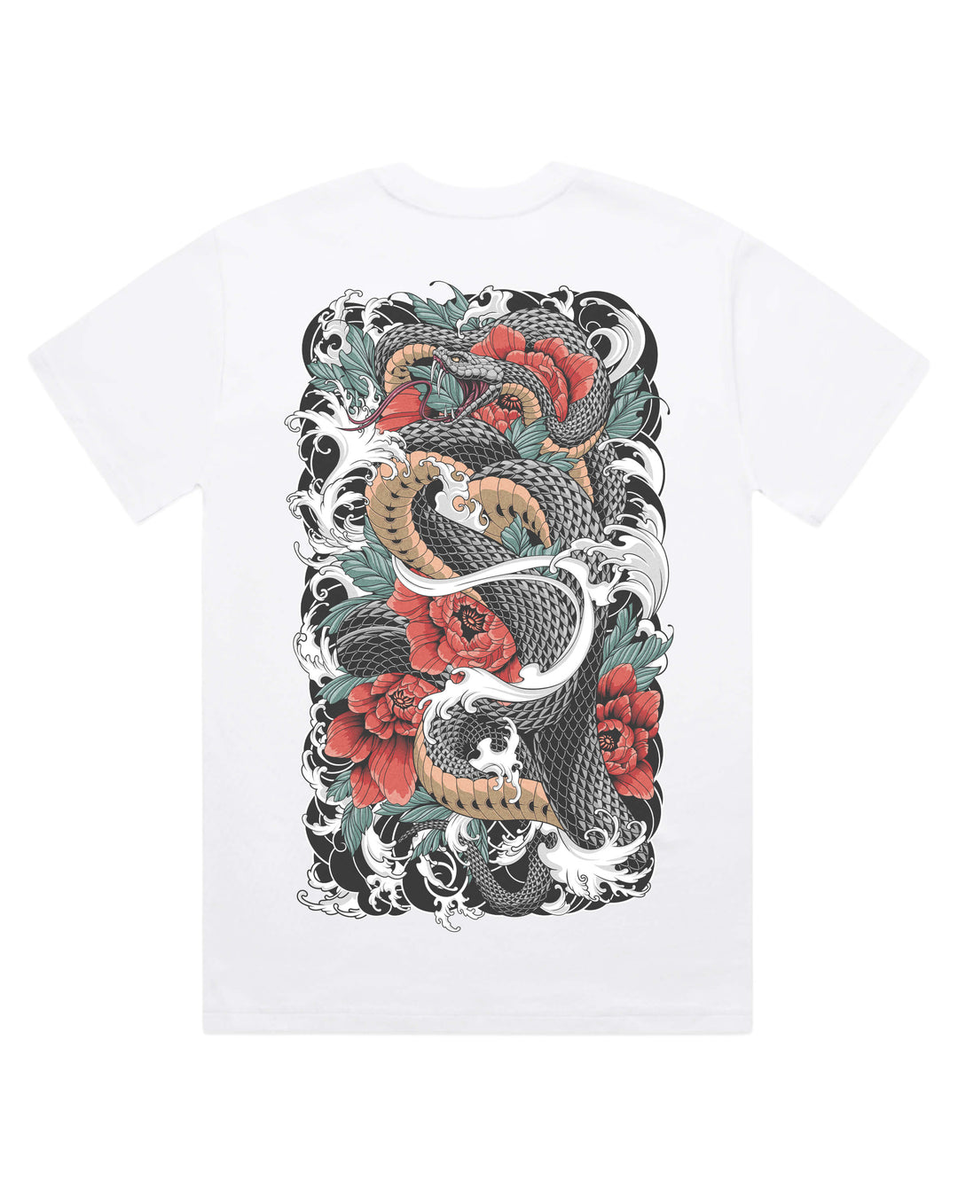 white t-shirt with a snake and floral design on a white background