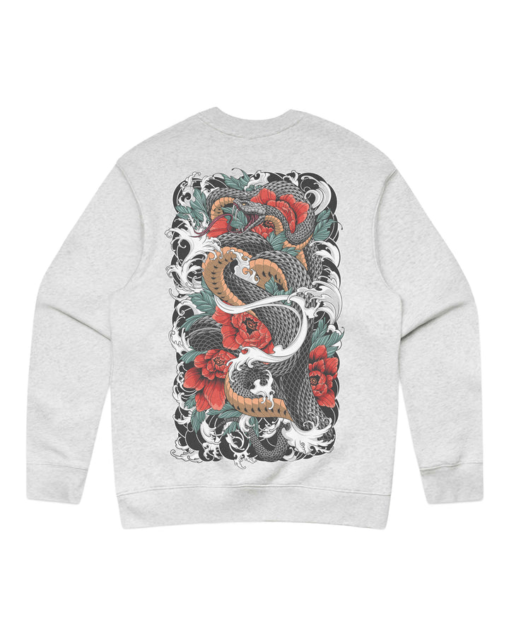 White heather graphic sweatshirt featuring original in-house snake artwork inspired by irezumi, Japanese tattoo composition and traditional illustration.