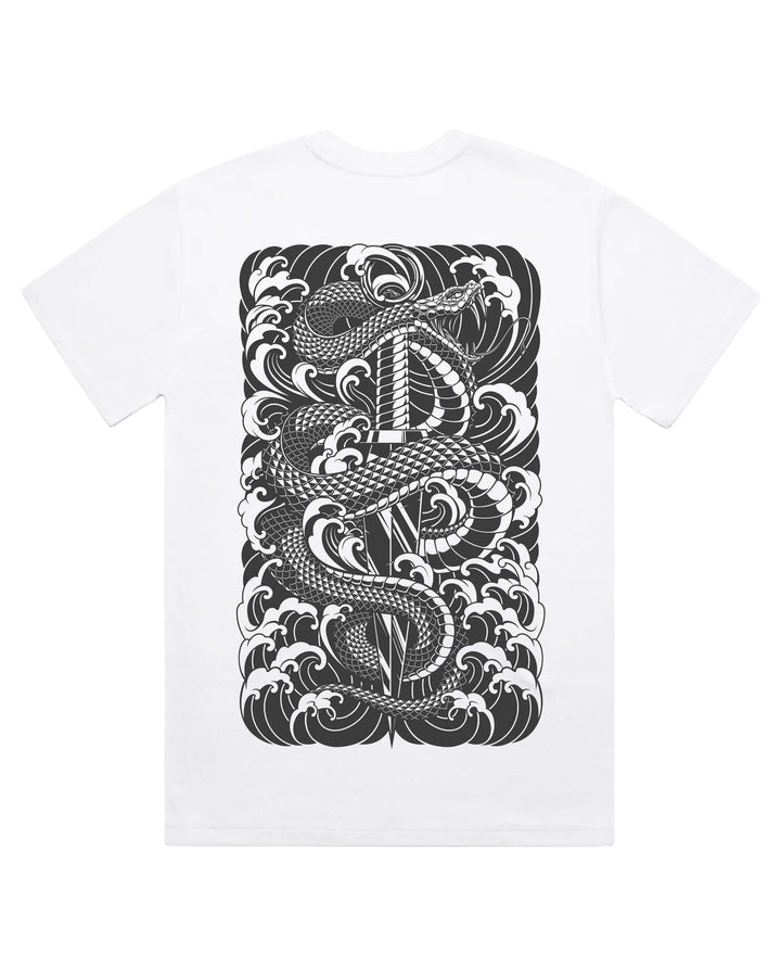 White t-shirt with a snake and dagger design on the back