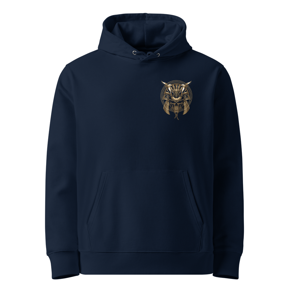 French Navy Spectral Sentinel Graphic Hoodie with a left chest print of a skull in traditional samurai armor.