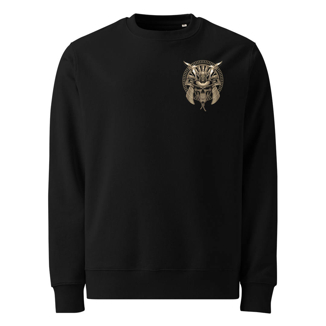 Black Spectral Sentinel Graphic Sweatshirt featuring a samurai skull with a kabuto helmet, inspired by Japanese Irezumi tattoo art