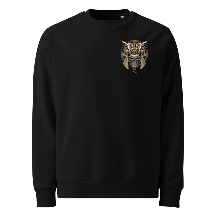 Black Spectral Sentinel Graphic Sweatshirt featuring a samurai skull with a kabuto helmet, inspired by Japanese Irezumi tattoo art