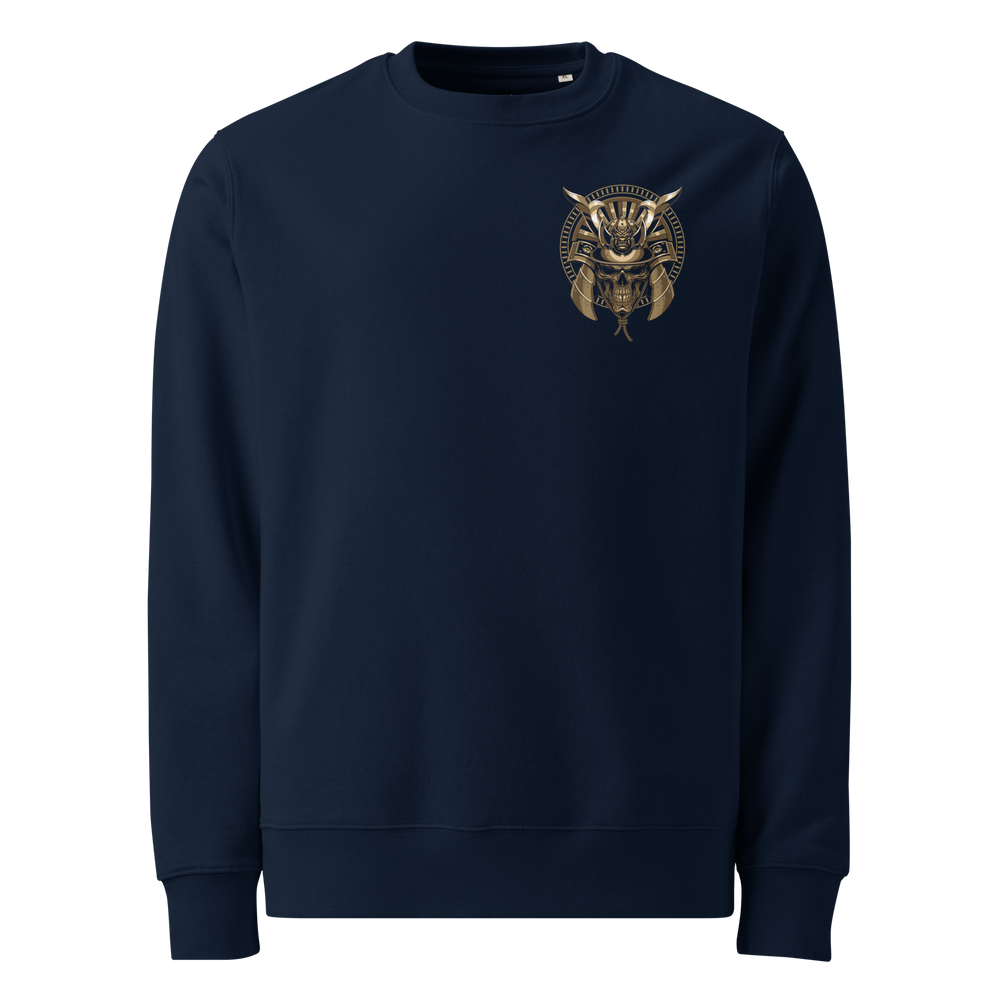 French Navy Spectral Sentinel Graphic Sweatshirt featuring a samurai skull design inspired by Japanese Irezumi tattoo art