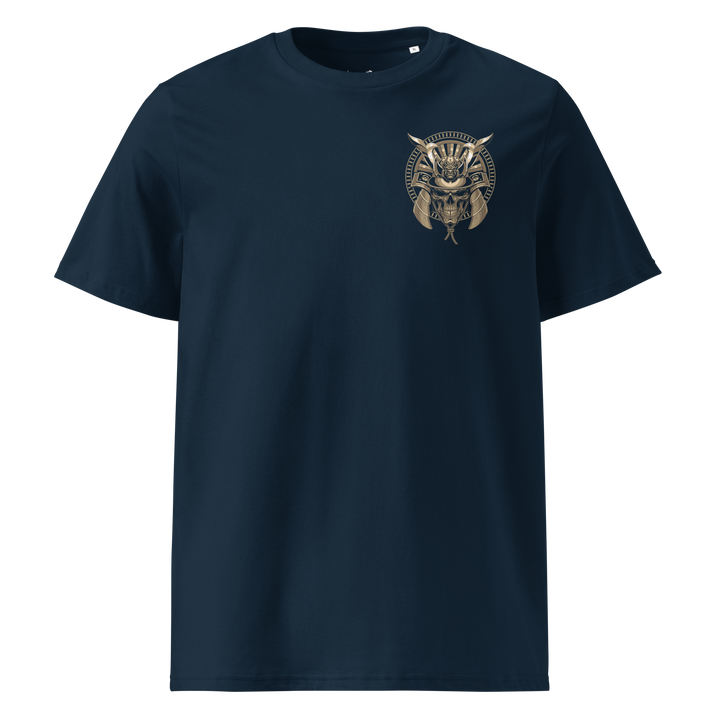 French Navy Spectral Sentinel Samurai Skull Graphic Tee featuring a left chest print of a samurai skull, inspired by Japanese Irezumi tattoo art