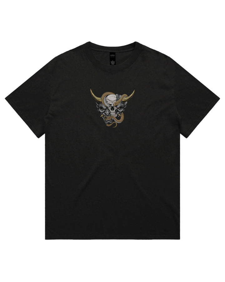Oversized Black t-shirt with split oni mask chest print