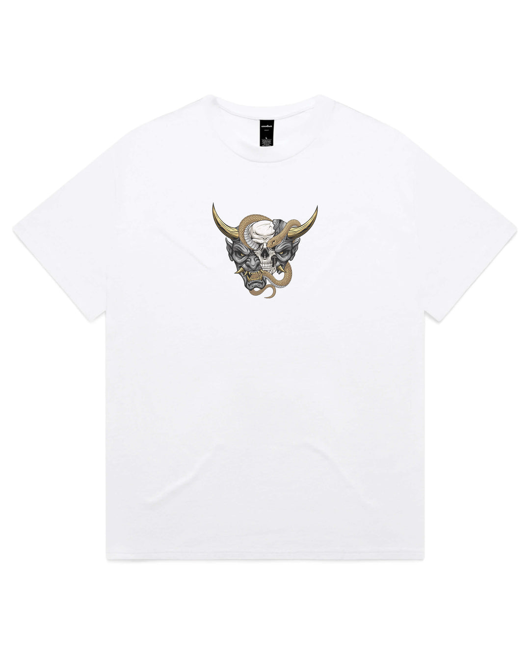 Oversized White t-shirt with split oni mask chest print