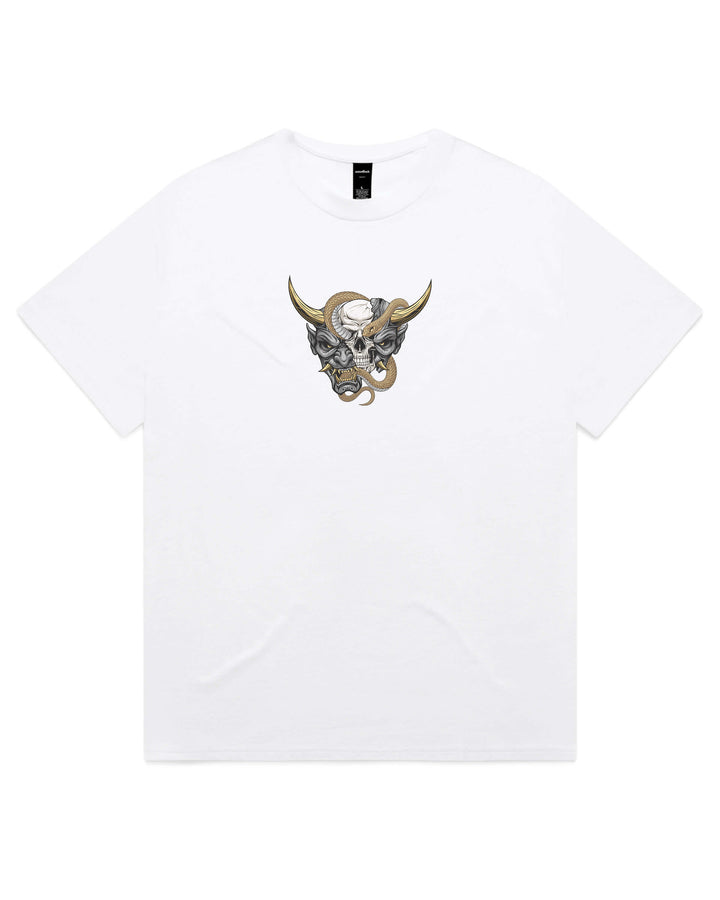 Oversized White t-shirt with split oni mask chest print