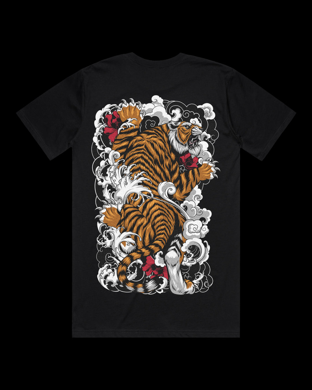 Japanese tattoo t shirt with large back print of climbing tiger surrounded by waves and red florals in traditional Japanese tattoo style