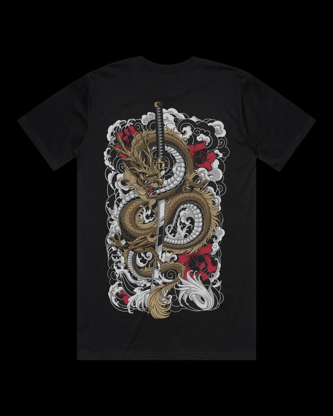Japanese tattoo t shirt with large back print of Ryu dragon coiled around vertical katana surrounded by clouds in traditional Japanese tattoo style