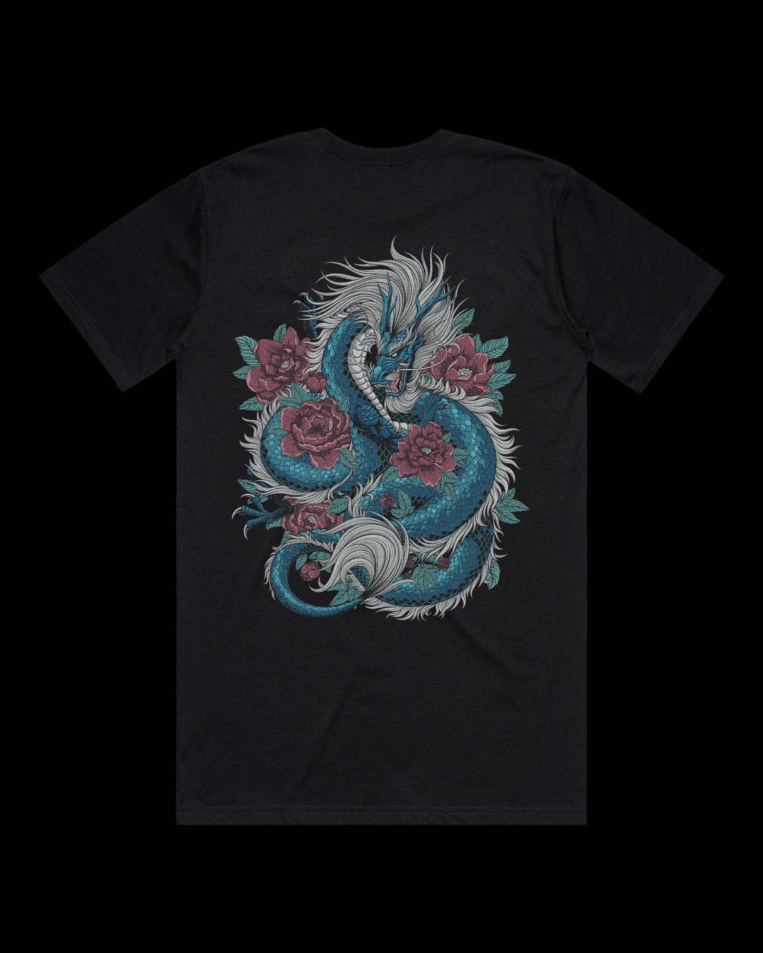 Japanese tattoo t shirt with large back print of Ryu dragon intertwined with red florals in traditional Japanese tattoo style