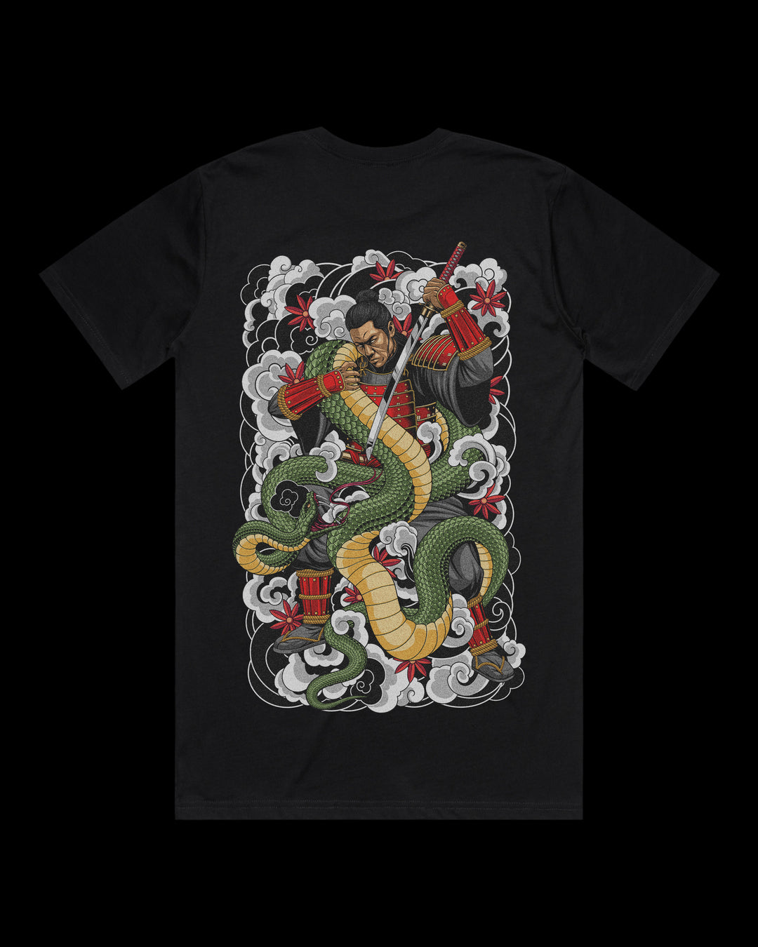 Samurai fighting a large green serpent coiled around him surrounded by Japanese Irezumi clouds printed on the back of a T shirt.