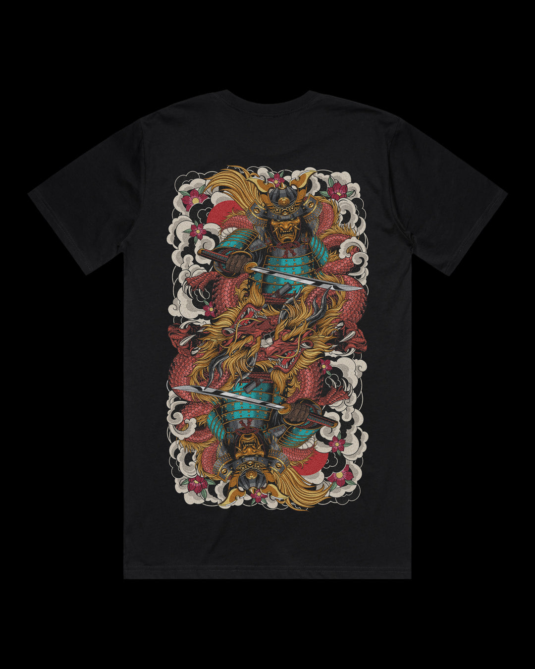 Japanese tattoo t shirt with large back print of mirrored samurai and dragons facing off in symmetrical traditional Japanese tattoo style