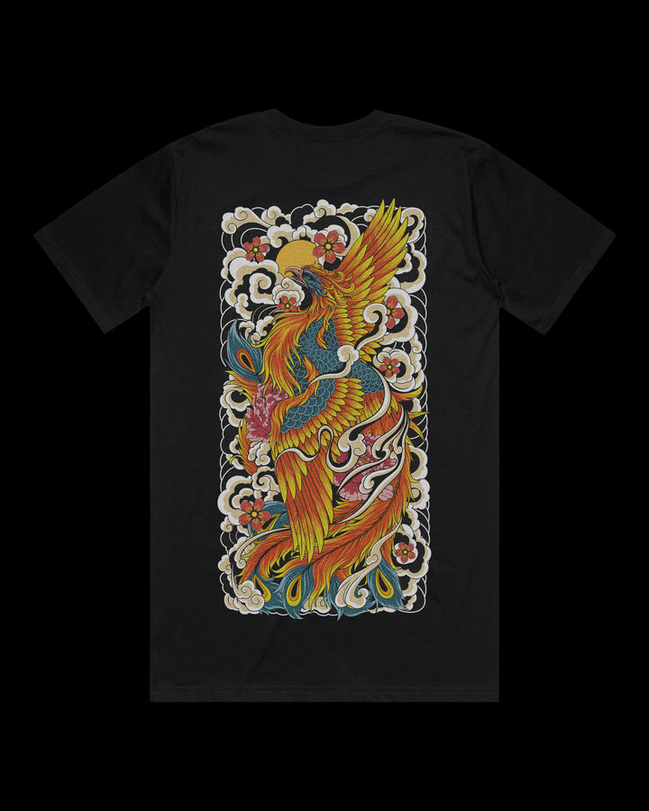 Japanese tattoo t shirt with large back print of rising phoenix surrounded by waves and clouds in traditional Japanese tattoo style