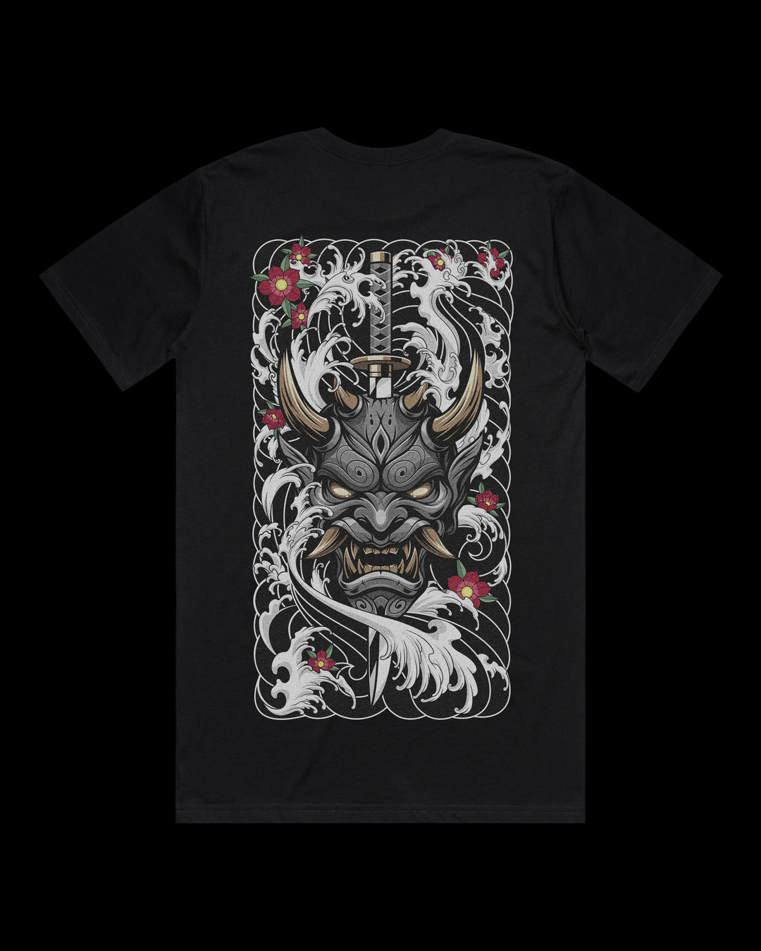 Japanese tattoo t shirt with large back print of Oni mask pierced vertically by katana in traditional Japanese tattoo style