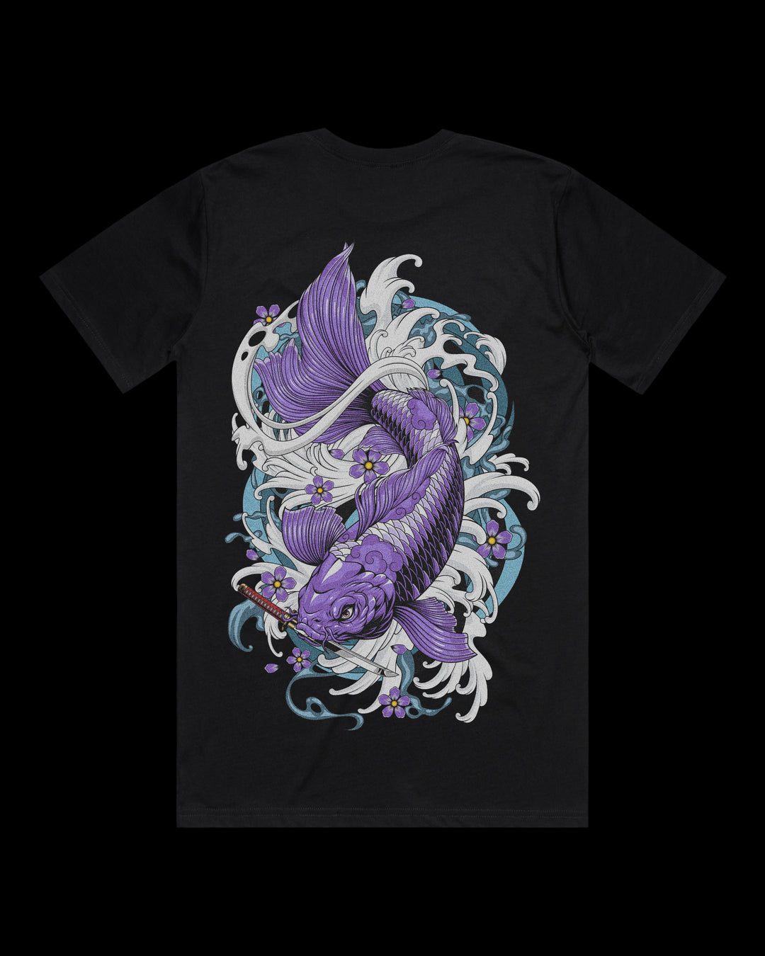 Japanese tattoo t shirt with large back print of purple koi swimming through waves in traditional Japanese tattoo style