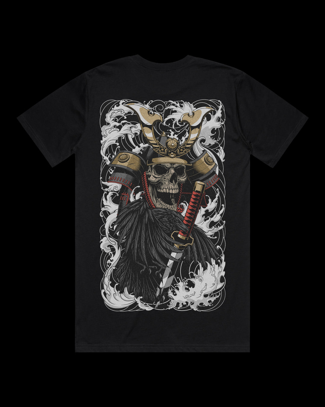 Japanese tattoo t shirt with large back print of skeletal samurai in gold kabuto holding broken katana surrounded by waves in traditional Japanese tattoo style