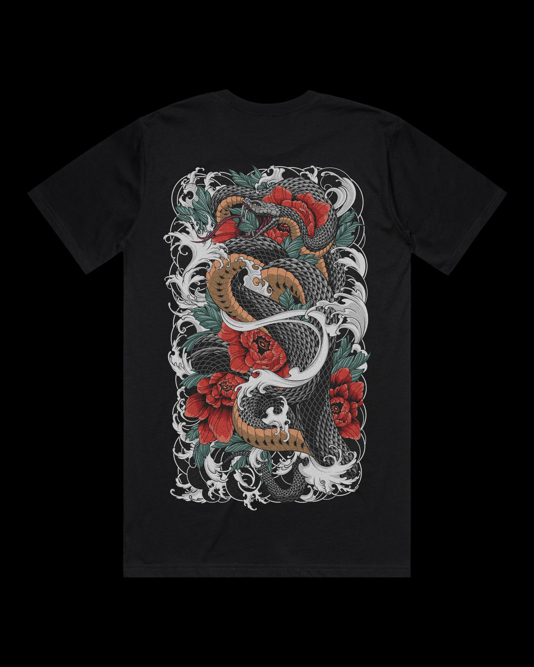 Japanese tattoo t shirt with large back print of coiled serpent intertwined with florals in traditional Japanese tattoo style