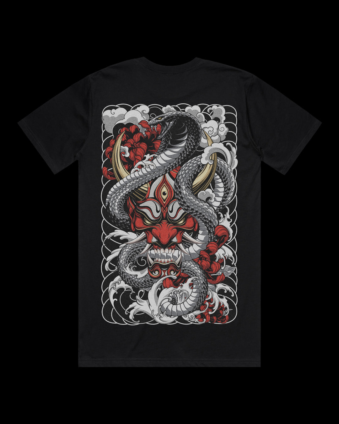 Japanese tattoo t shirt with large back print of Oni mask entwined by coiled serpent in traditional Japanese tattoo style