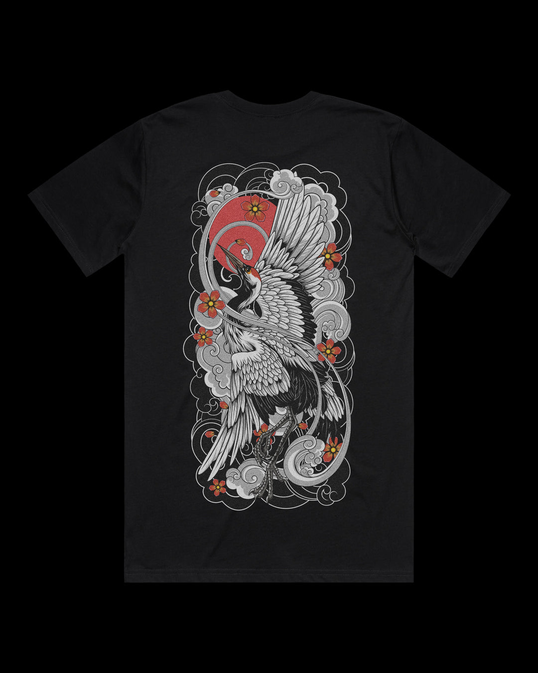 Japanese tattoo t shirt with large back print of Tsuru crane rising beneath red sun surrounded by waves in traditional Japanese tattoo style
