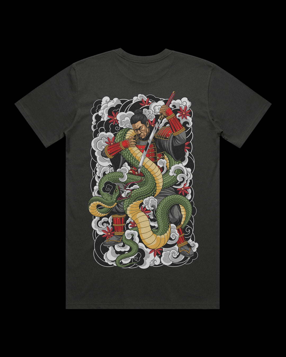 Samurai fighting a large green serpent coiled around him surrounded by Japanese Irezumi clouds printed on the back of a T shirt.