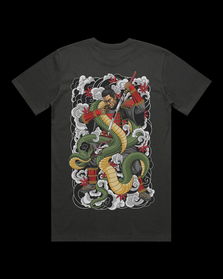 Samurai fighting a large green serpent coiled around him surrounded by Japanese Irezumi clouds printed on the back of a T shirt.