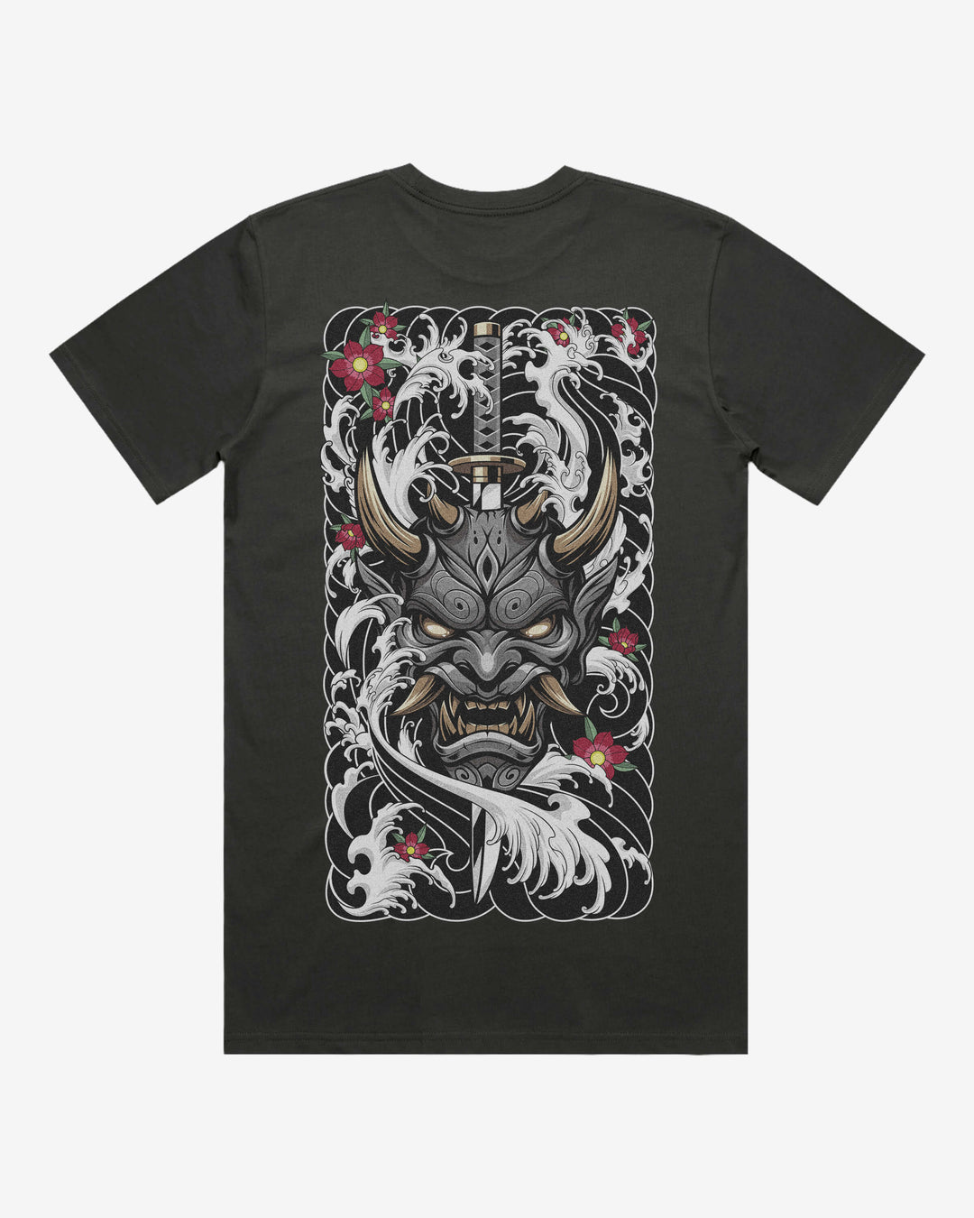 Pierced Oni Mask Relaxed Fit Graphic Tee With Large Japanese Tattoo Inspired Back Print