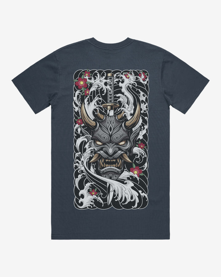 Pierced Oni Mask Relaxed Fit Graphic Tee With Large Japanese Tattoo Inspired Back Print