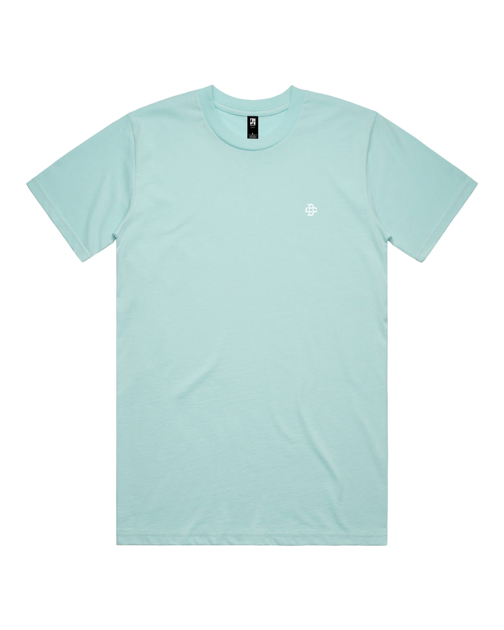 A light blue crewneck t-shirt with a small white geometric logo on the left chest.