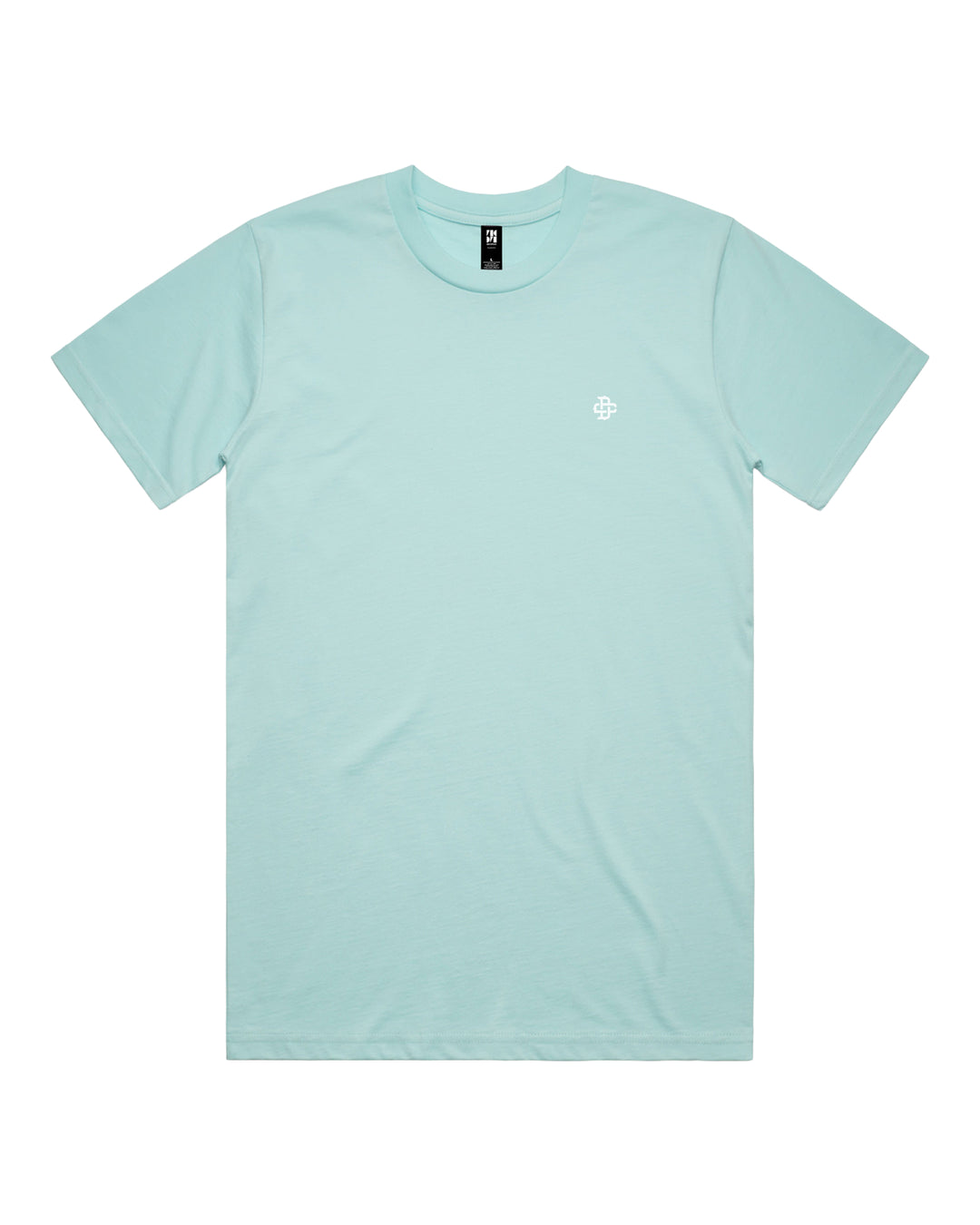 A light blue crewneck t-shirt with a small white geometric logo on the left chest.