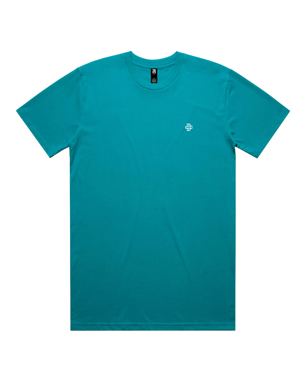 A teal short-sleeve crewneck t-shirt with a small white geometric logo on the left chest.