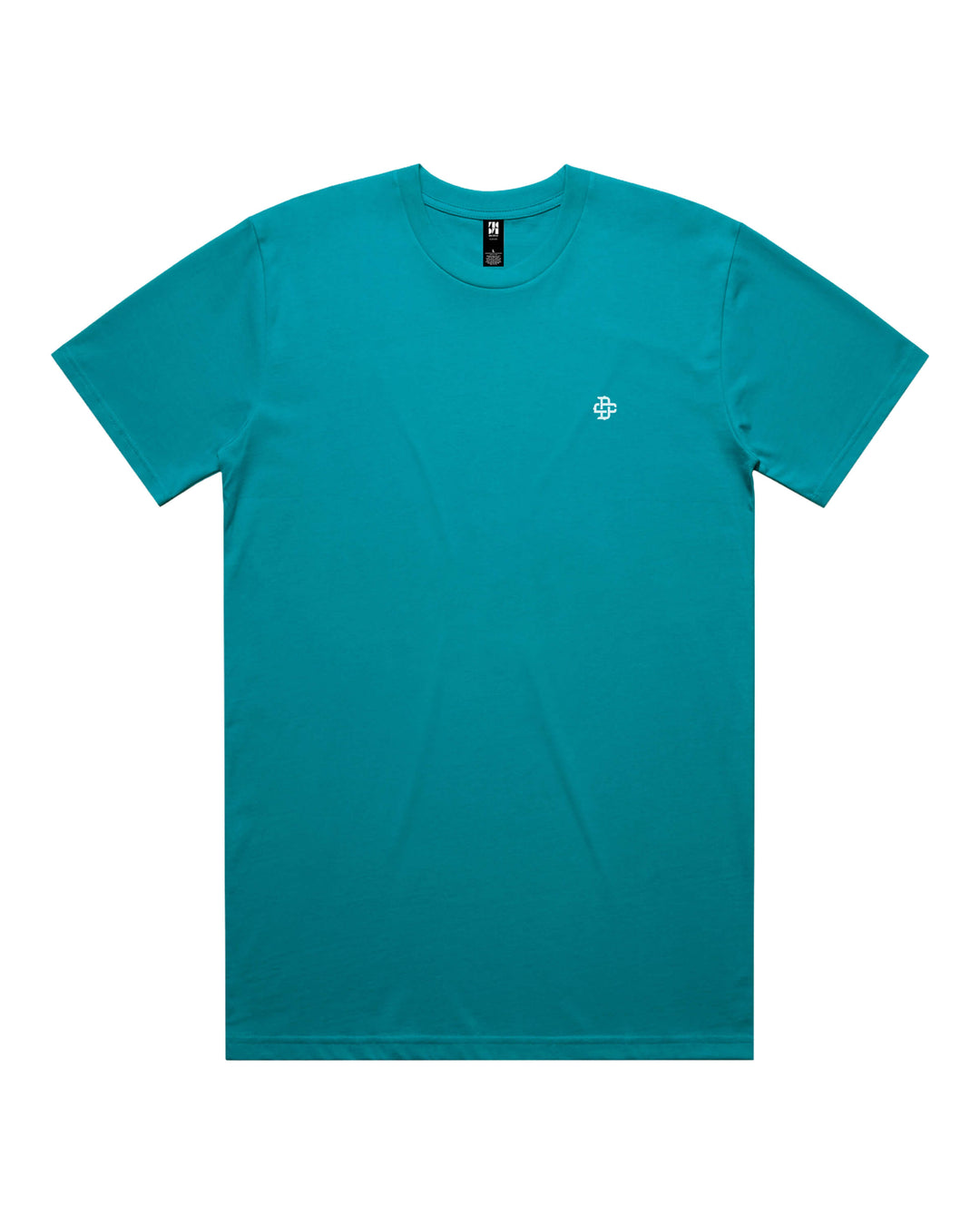 A teal short-sleeve crewneck t-shirt with a small white geometric logo on the left chest.