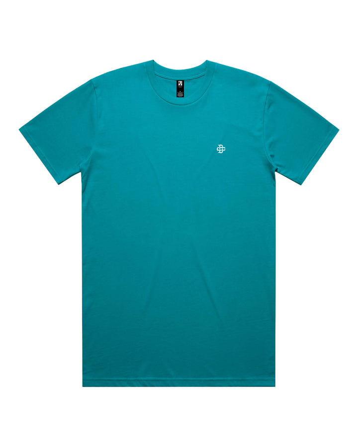 A teal short-sleeve crewneck t-shirt with a small white geometric logo on the left chest.