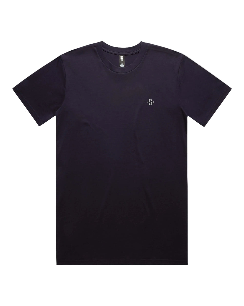 Ink blue t-shirt with a small logo on a white background