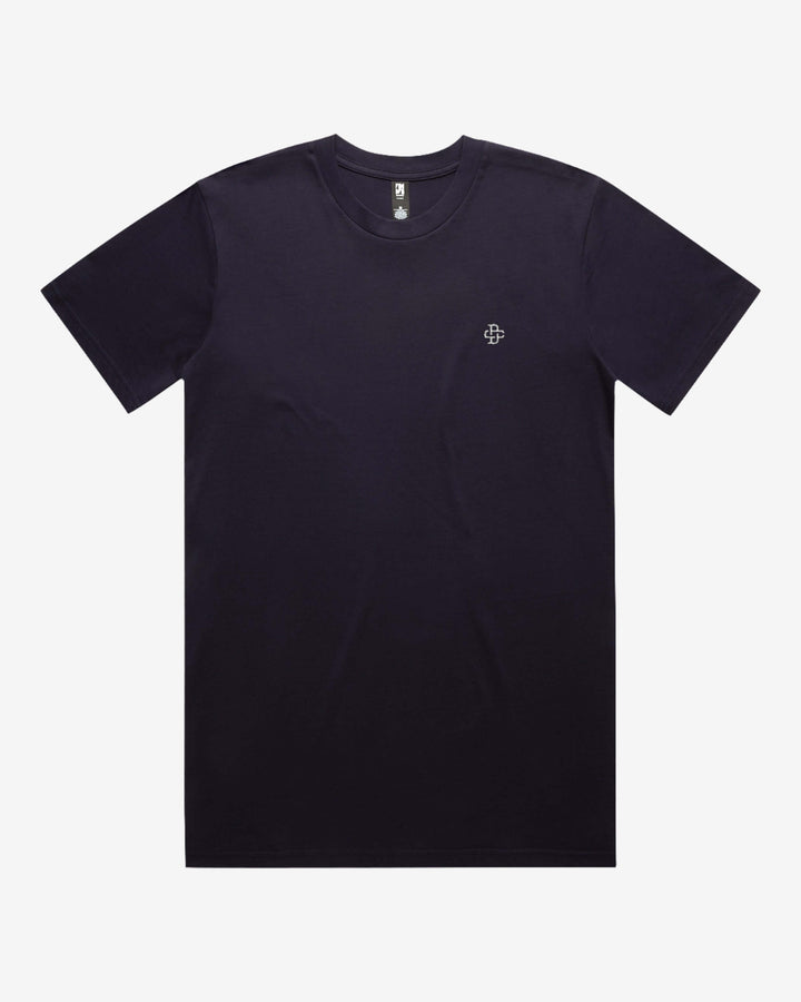 Ink blue t-shirt with a small logo on a white background