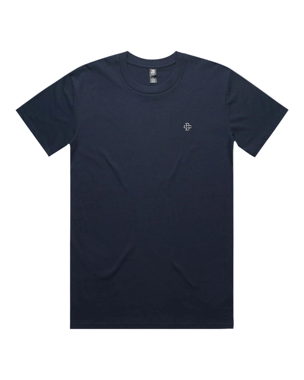 Midnight blue t-shirt with a small logo on a white background