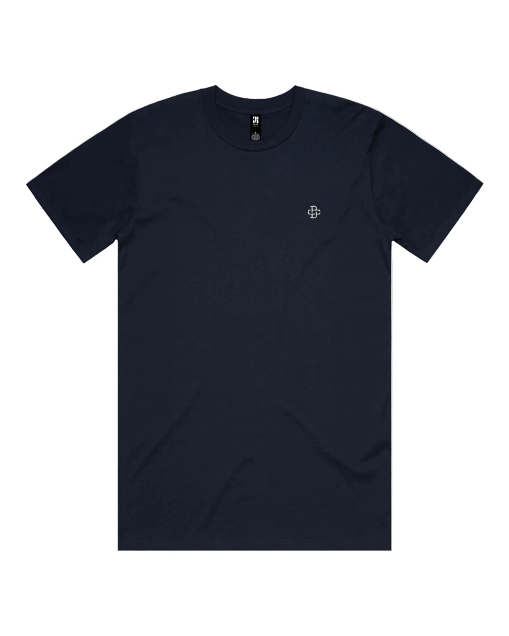 Navy t-shirt with a small logo on a white background