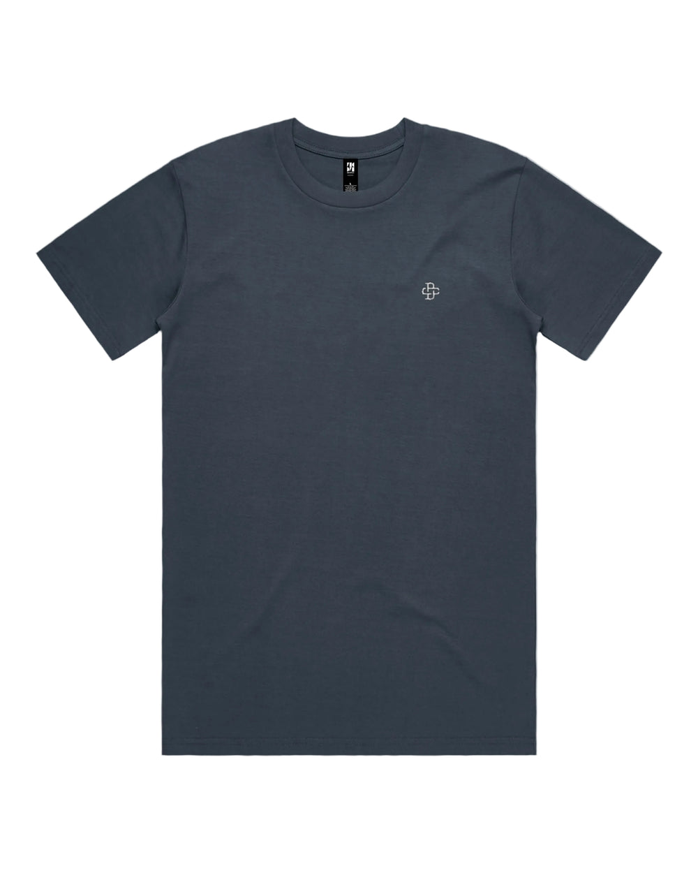 Petrol blue t-shirt with a small logo on a white background
