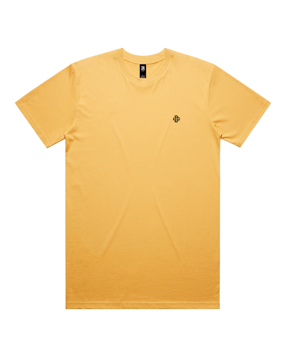 A yellow short-sleeve crewneck t-shirt with a small black geometric logo on the left chest.