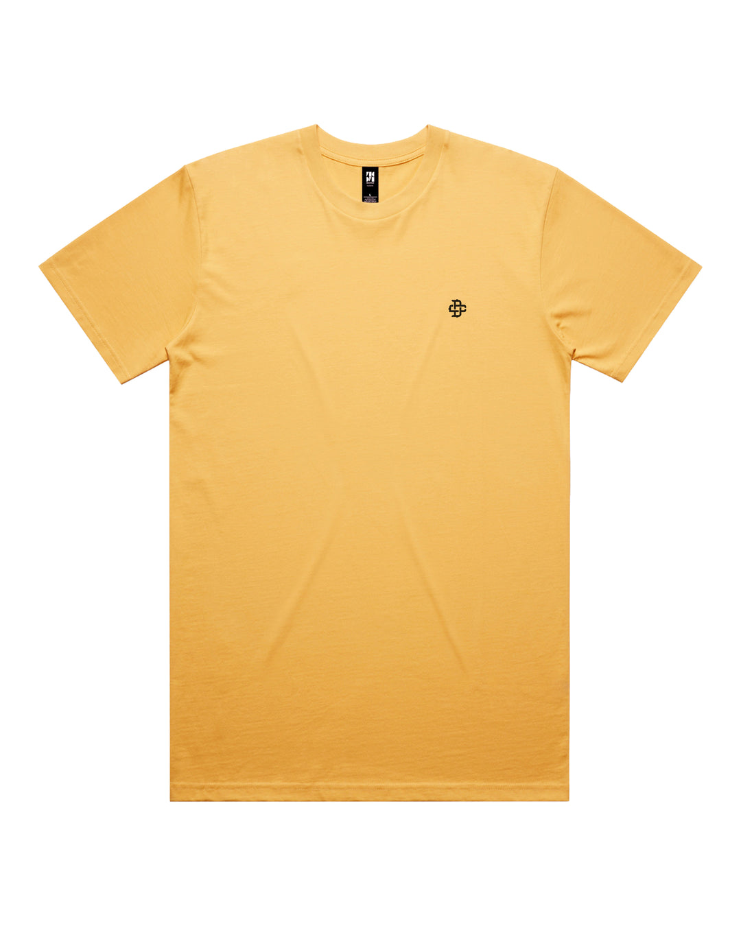 A yellow short-sleeve crewneck t-shirt with a small black geometric logo on the left chest.
