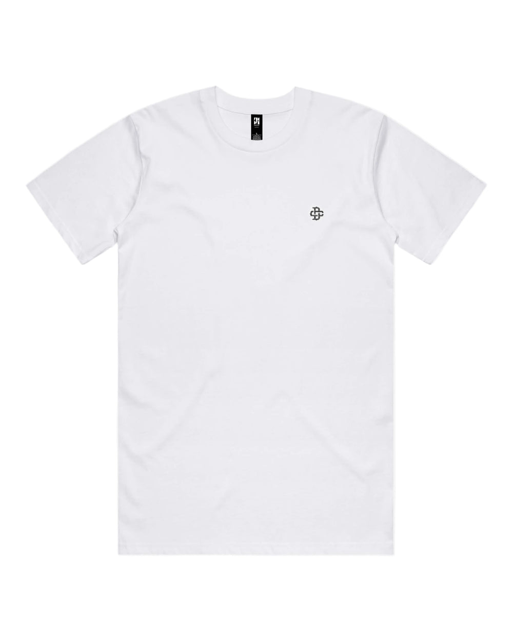 White t-shirt with small black logo on a white background