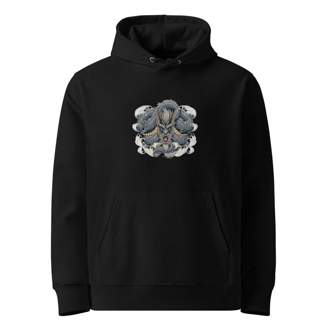 Steel Coiled Dragon Hoodie featuring a front print of a steel-gray dragon in a Japanese-inspired circular design.